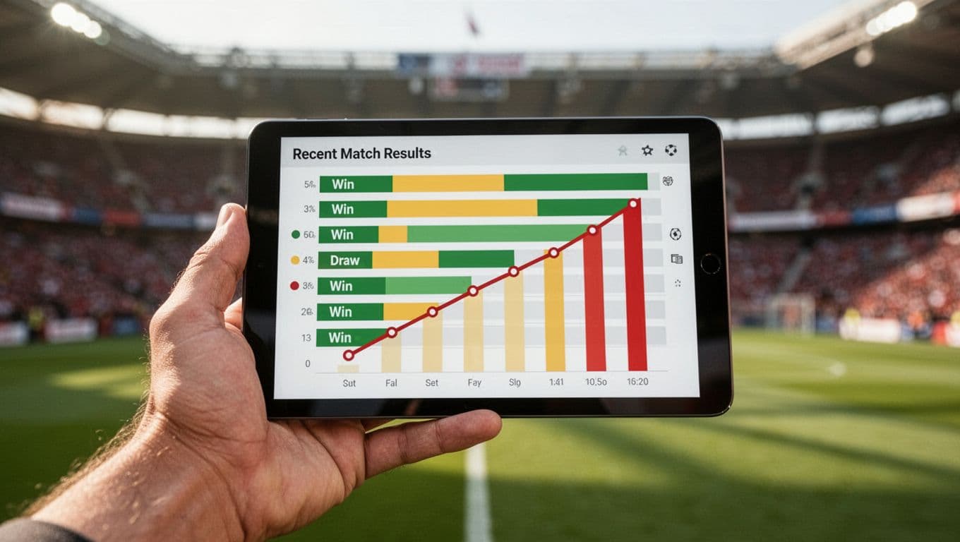 Hand holds tablet showing Sassuolo's Serie A results chart with green wins, yellow draws, red losses, and rising-falling trend line, blurred stadium background.
