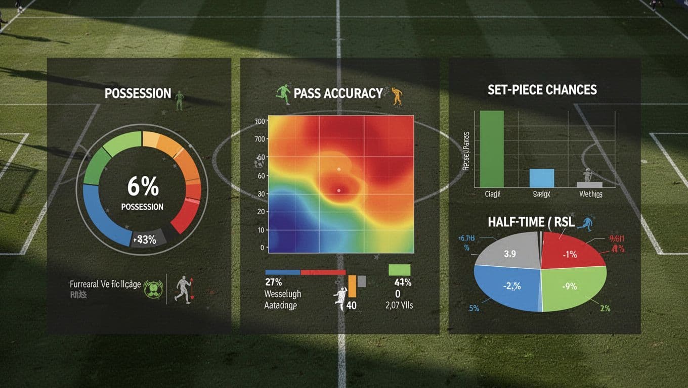 Single panel dashboard shows possession gauge, pass accuracy heatmap, set-piece bar, and half-time split in green-black on football field background.