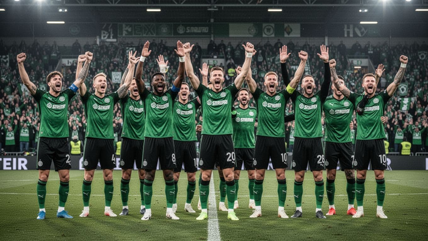 Eleven Sassuolo players celebrate victory on pitch with green-black fans in stands under evening lights.