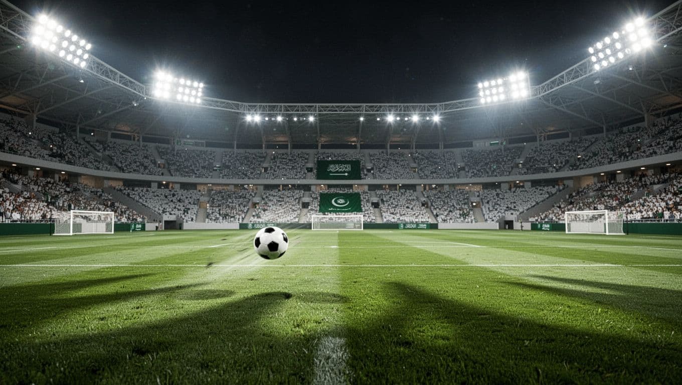 The lush green grass of a modern football stadium illuminated under bright stadium lights.