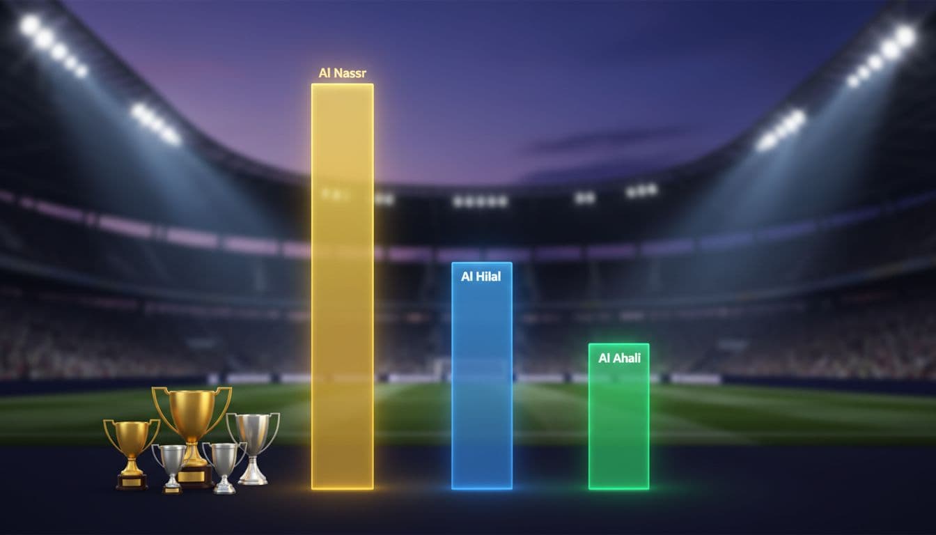 Dynamic bar chart with Al Nassr leading, Al Hilal second, Al Ahli third against subtle evening stadium background with trophies.
