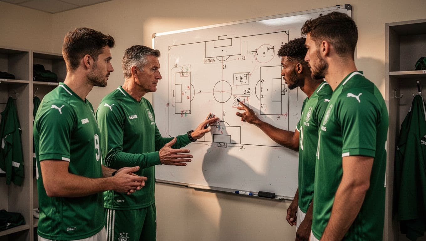 SC Freiburg coach and two players in green jerseys study tactical diagrams on a locker room whiteboard.