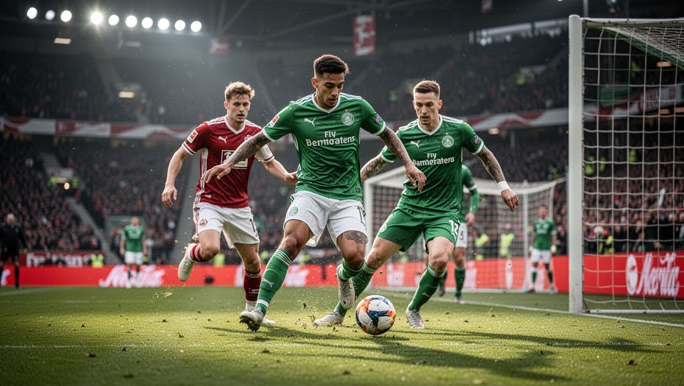 SC Freiburg forward in green jersey dribbles past defender toward goal on Bundesliga pitch with blurred stadium background.
