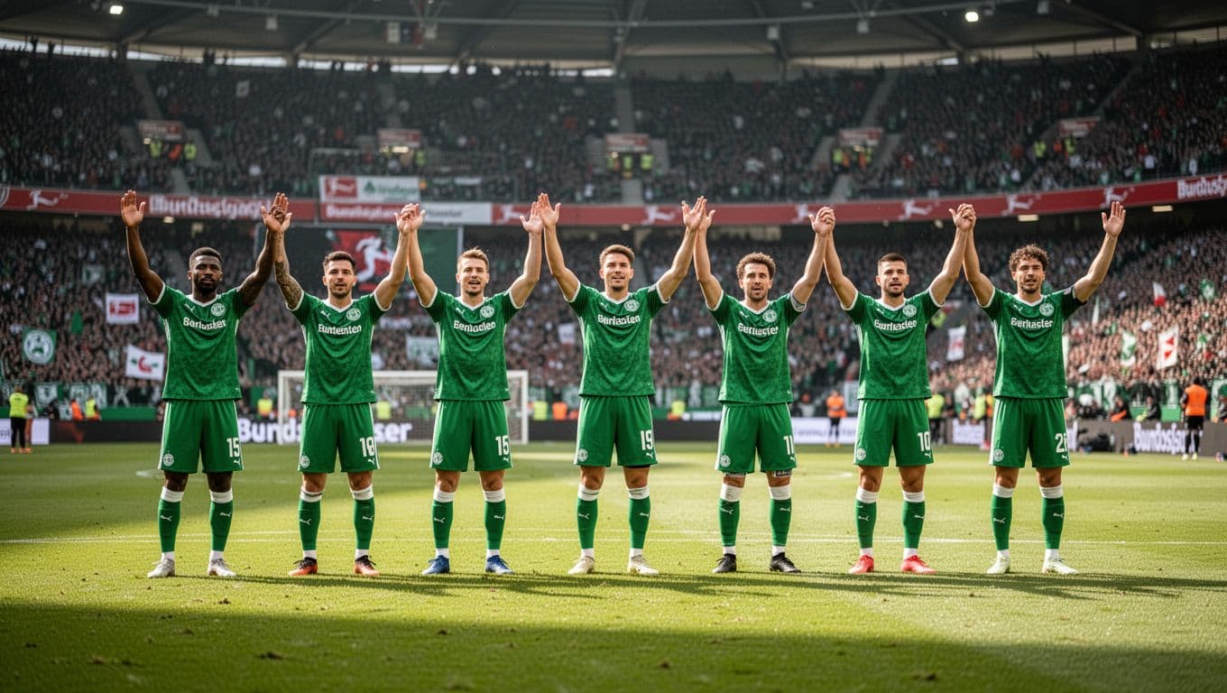 Eleven SC Freiburg players in green jerseys celebrate a goal on Bundesliga pitch amid midfield action and blurred crowd.