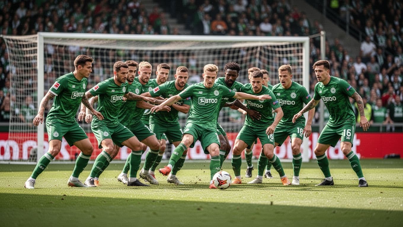 SC Freiburg players in green jerseys score a goal while others defend tightly on Bundesliga pitch with blurred stadium crowd.