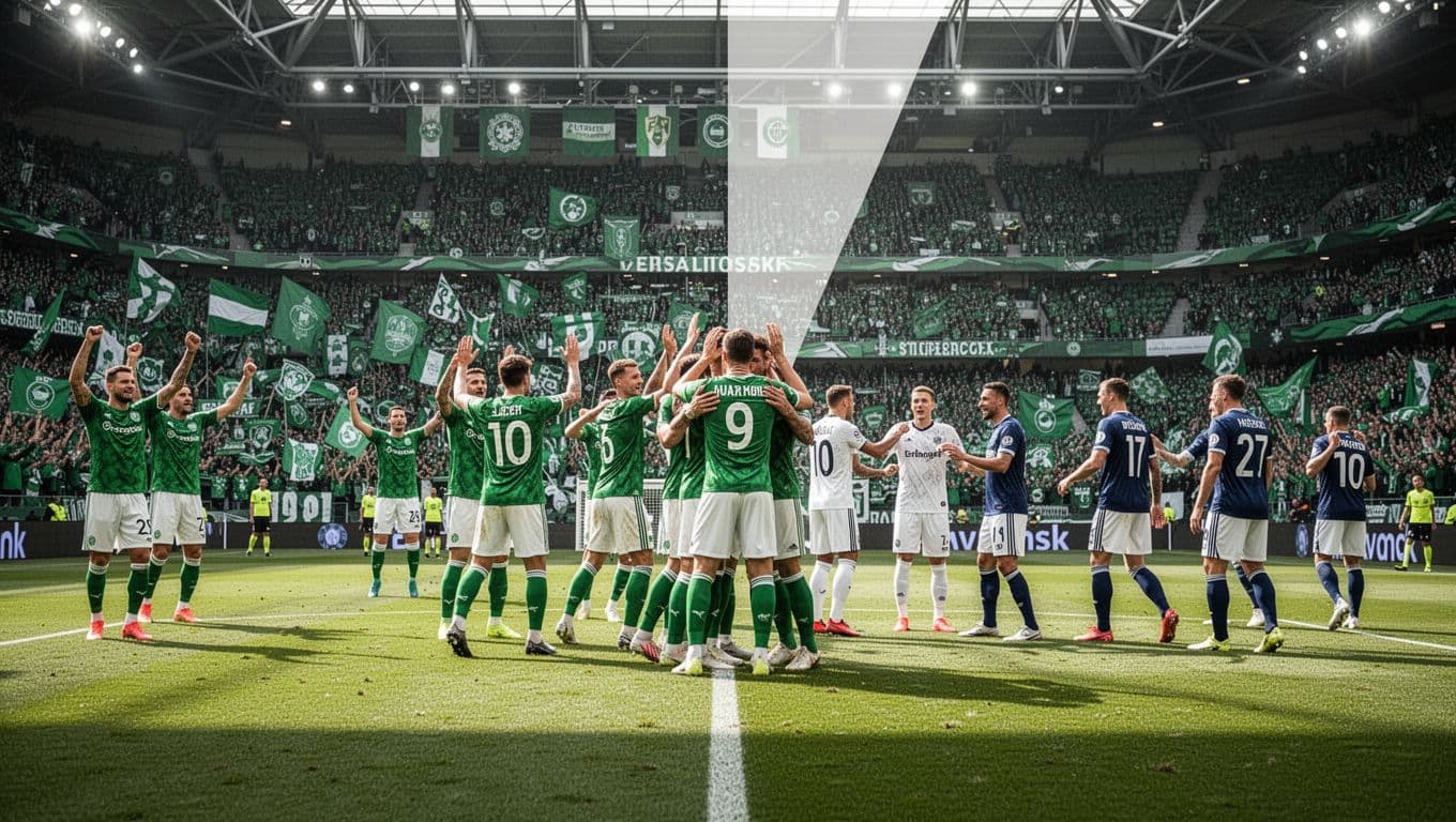 Split view shows Europa-Park Stadion packed with green fans cheering and players celebrating beside tense away game focus.