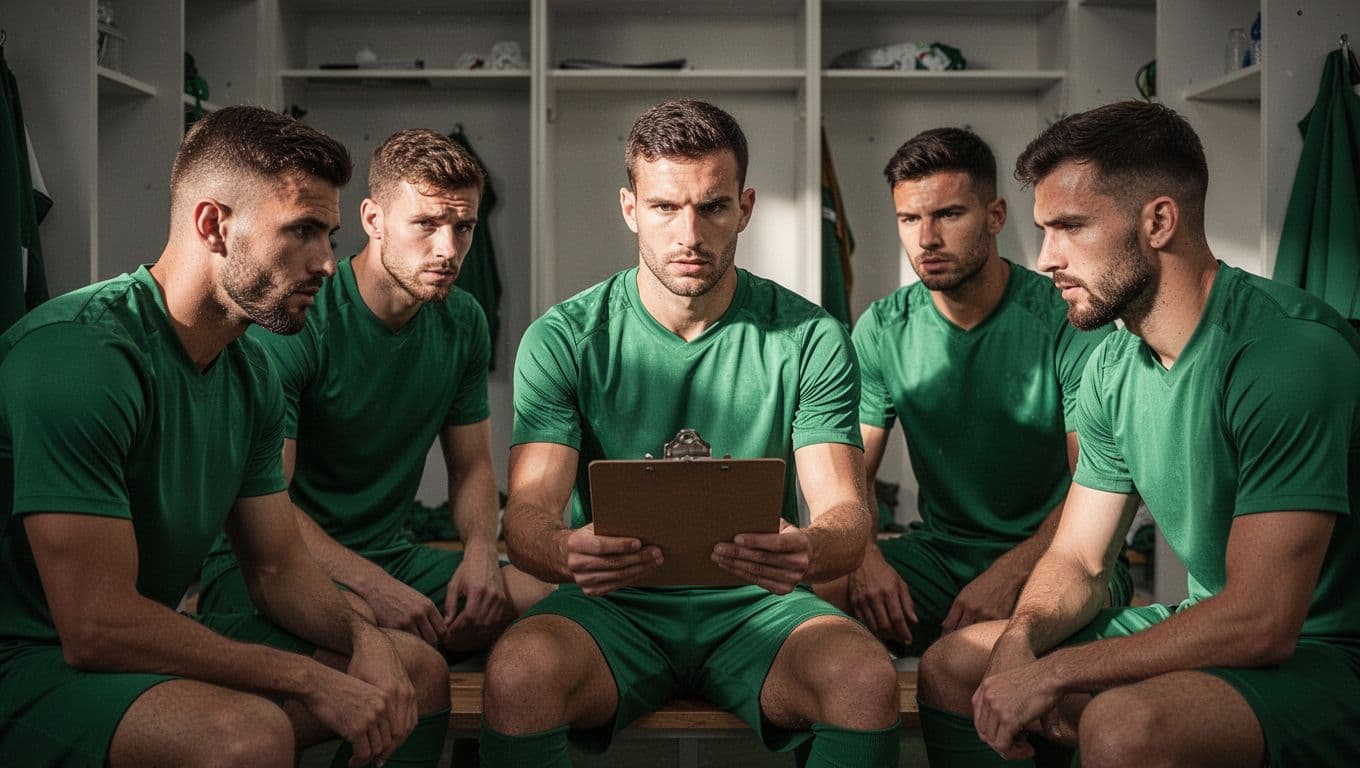 Five SC Freiburg players in green jerseys huddle in locker room, examining clipboard held by captain.