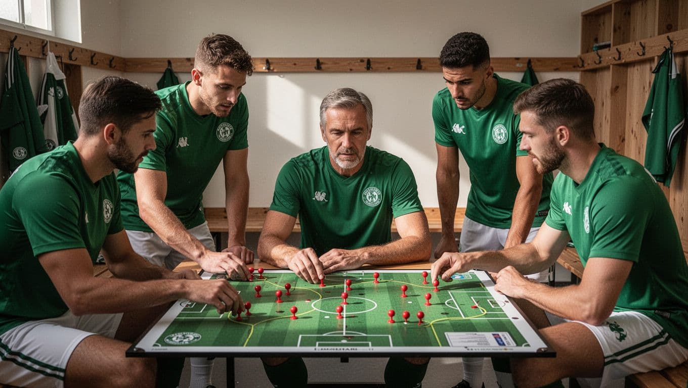 SC Freiburg players in green jerseys and coach study tactics board with red pins marking opponent positions in locker room.