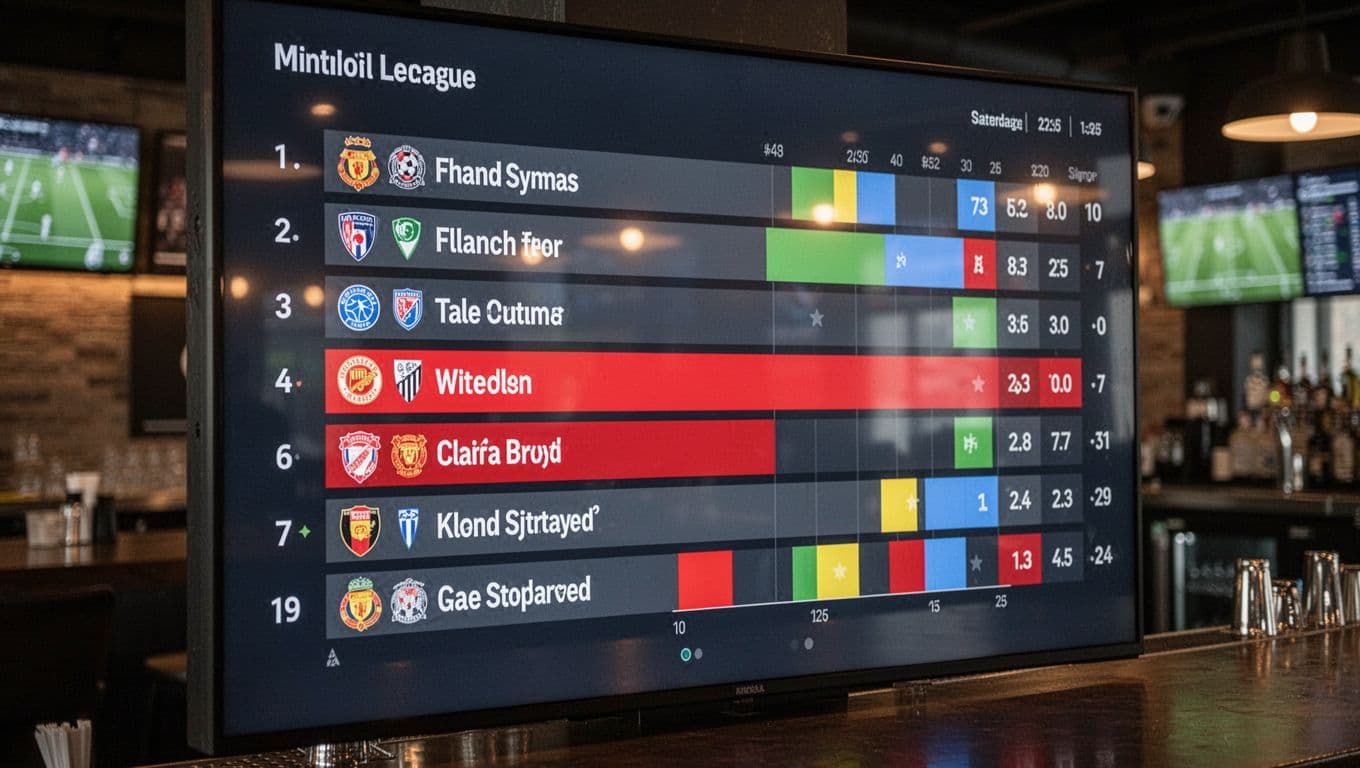 Digital screen in sports bar shows soccer standings chart with SC Internacional row red-highlighted in mid-table.