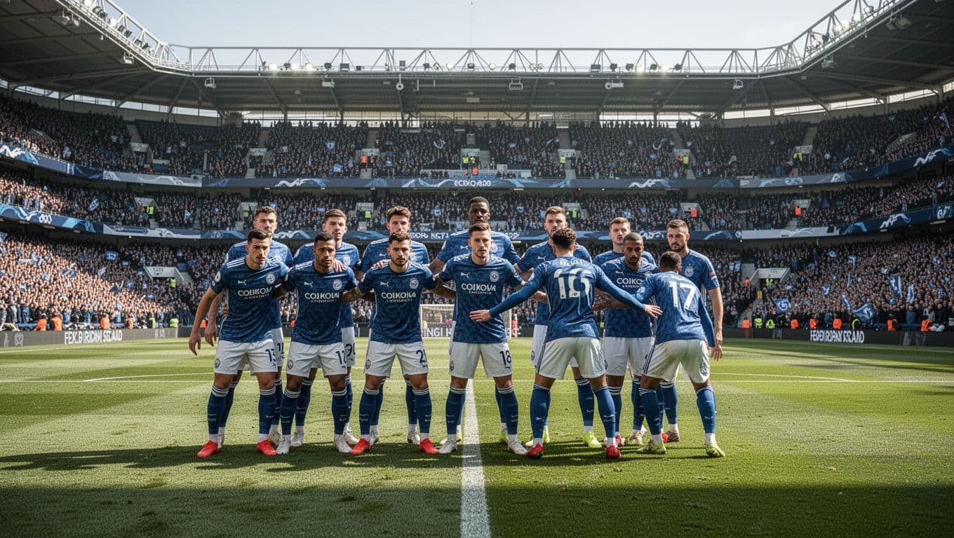 A professional soccer team lines up in a tight, disciplined defensive block across a grass pitch. The players maintain precise spacing under bright daylight within a packed, modern stadium setting.