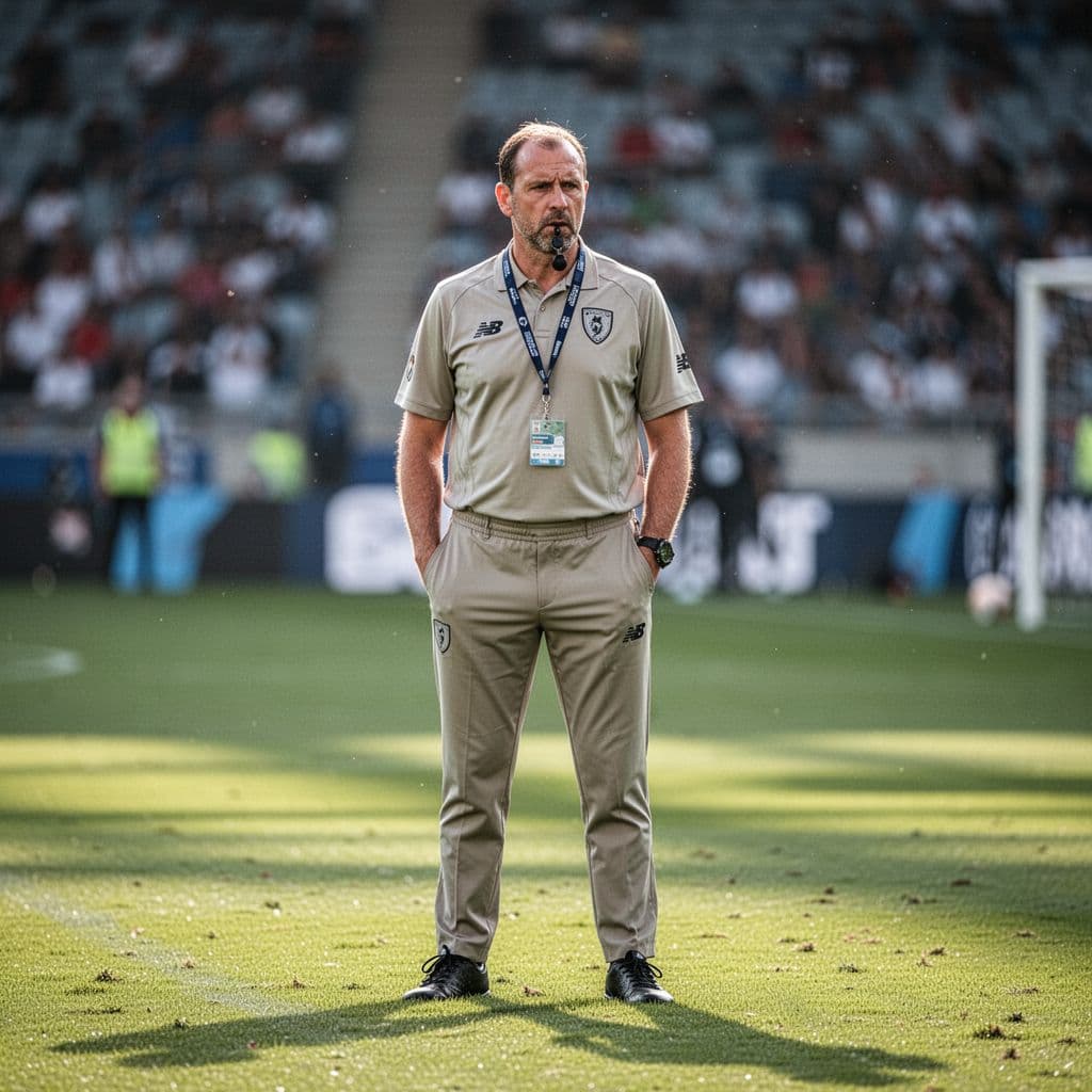 A focused football coach stands on the grassy sideline during a professional stadium match.