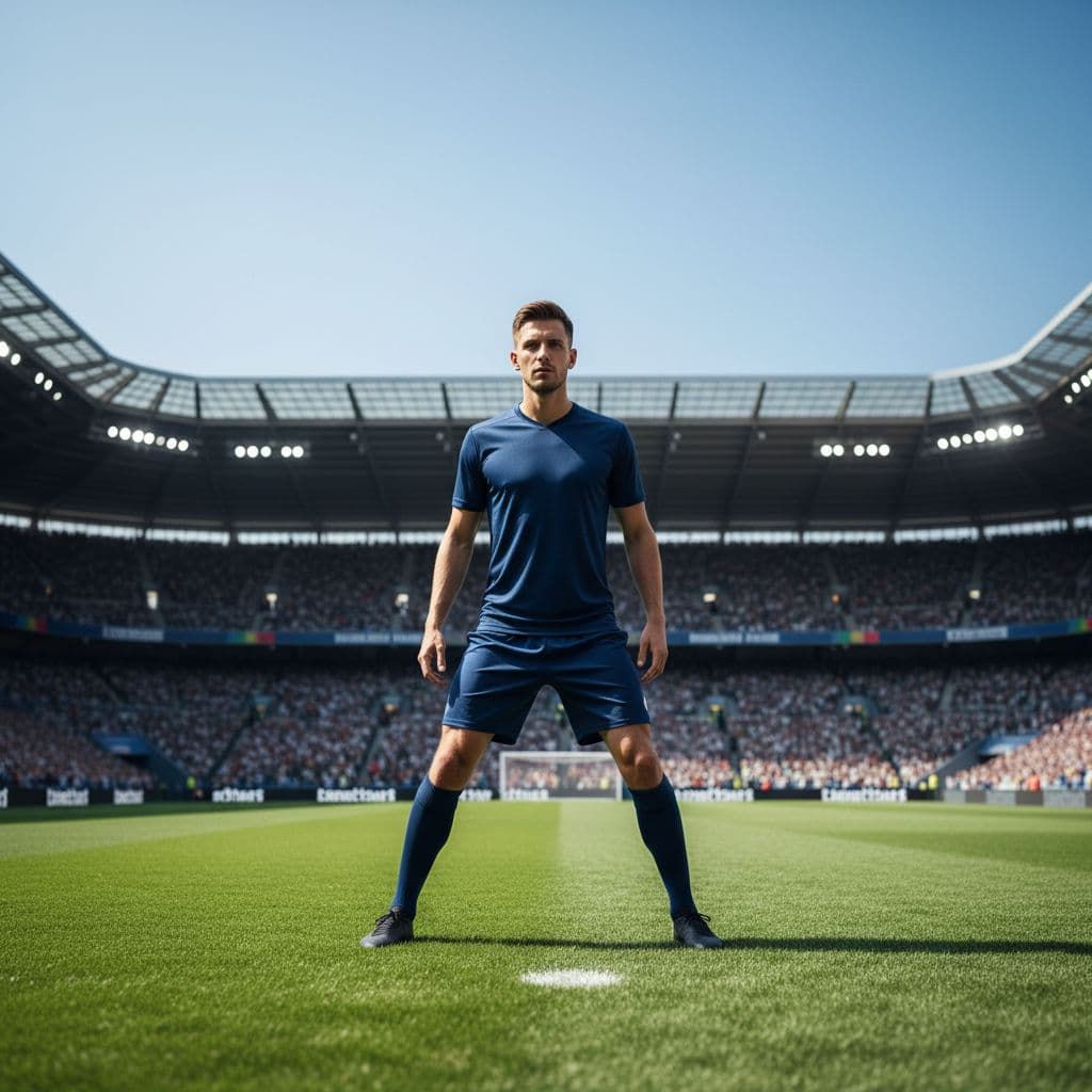 A soccer player in a dark blue kit stands on a sunny grass field.