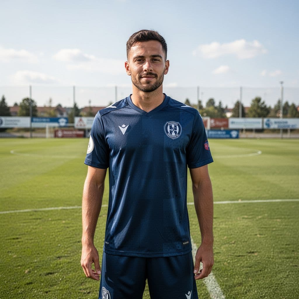A soccer player in a dark blue kit stands on a grass pitch during a daytime match.