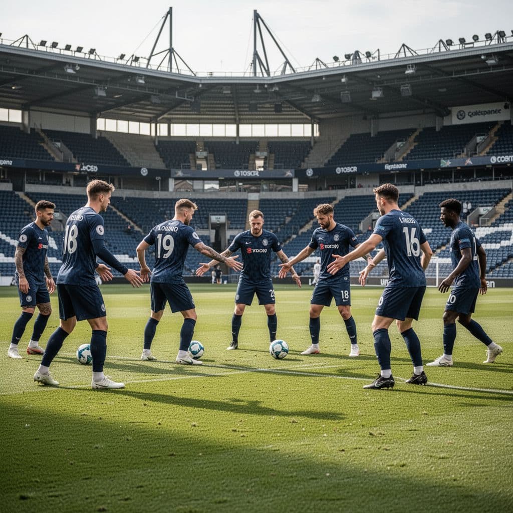 A soccer team in dark blue kits coordinates a tactical formation on a grass pitch.