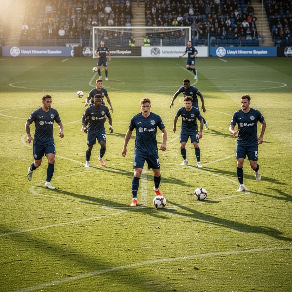 Professional soccer players in dark blue jerseys practice tactical formations on a bright green grass field.