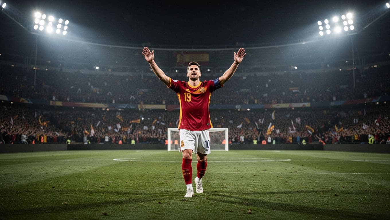 Alex Baena merentangkan tangan dengan ekspresi gembira di tengah lapangan hijau yang tersinari lampu stadion yang terang benderang. Latar belakang tribun penonton yang samar memberikan kesan atmosfer pertandingan malam hari yang intens.