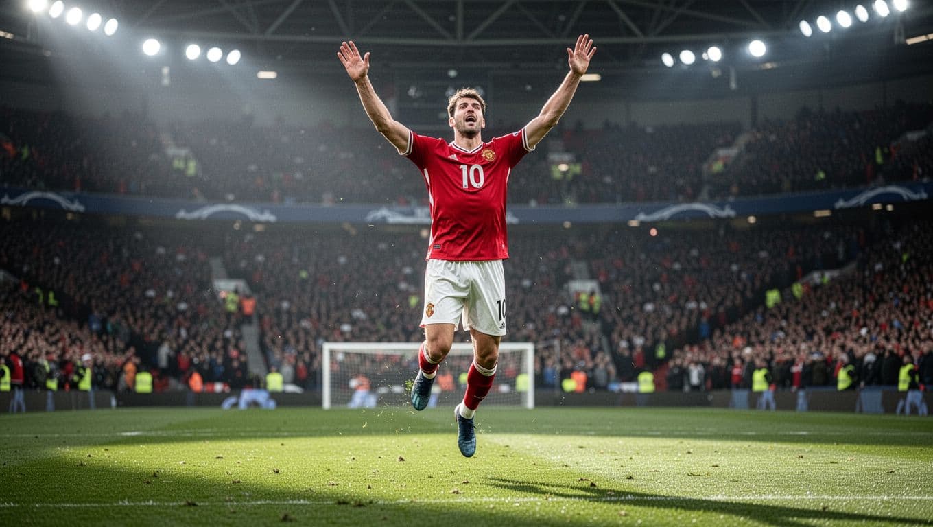 Pemain sepak bola mengenakan jersey merah melakukan selebrasi setelah mencetak gol di lapangan hijau. Latar belakang menunjukkan penonton di stadion yang sedikit buram di bawah sorotan lampu stadion yang sangat terang.