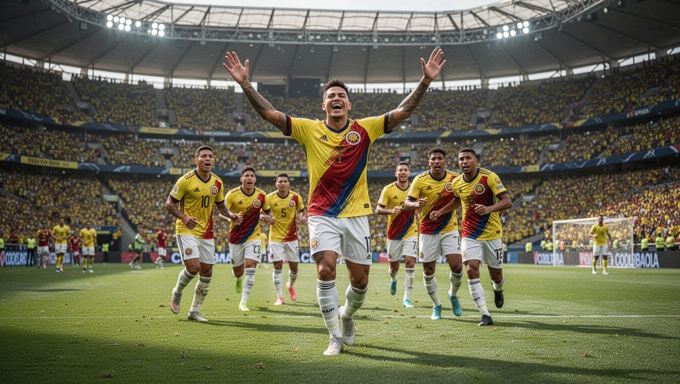 Pemain sepak bola tim nasional Kolombia melakukan selebrasi penuh kegembiraan di tengah lapangan setelah mencetak gol. Rekan setimnya berlari mendekat di atas rumput hijau stadion yang megah dengan tribun penonton yang penuh.