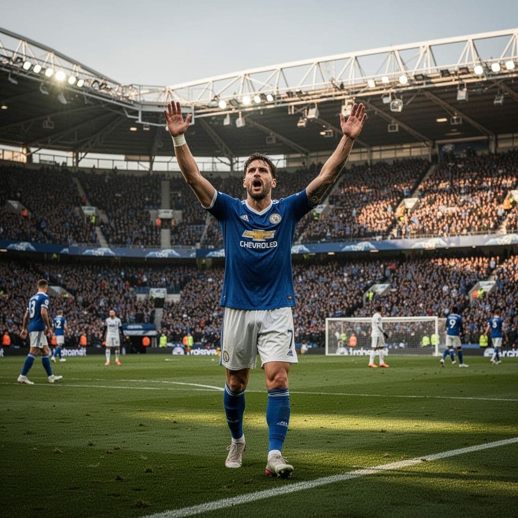 Seorang atlet mengenakan jersey biru tim nasional Prancis merentangkan kedua tangannya lebar saat merayakan gol di tengah lapangan hijau. Latar belakang stadion dipenuhi penonton dengan cahaya matahari sore yang hangat.