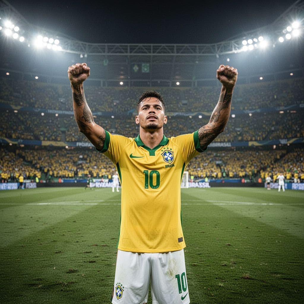 Seorang pemain sepak bola Brasil berdiri di tengah lapangan rumput stadion dengan tangan terangkat merayakan kemenangan. Lampu stadion yang terang menyoroti emosi wajahnya dengan penonton yang terlihat samar di latar belakang.