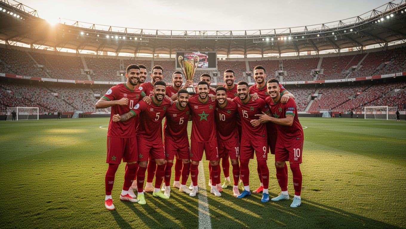 Para pemain tim nasional Maroko berkumpul di tengah lapangan stadion untuk melakukan selebrasi setelah pertandingan berakhir. Mereka menunjukkan ekspresi kebanggaan yang mendalam dengan latar belakang tribun stadion yang megah saat sore.