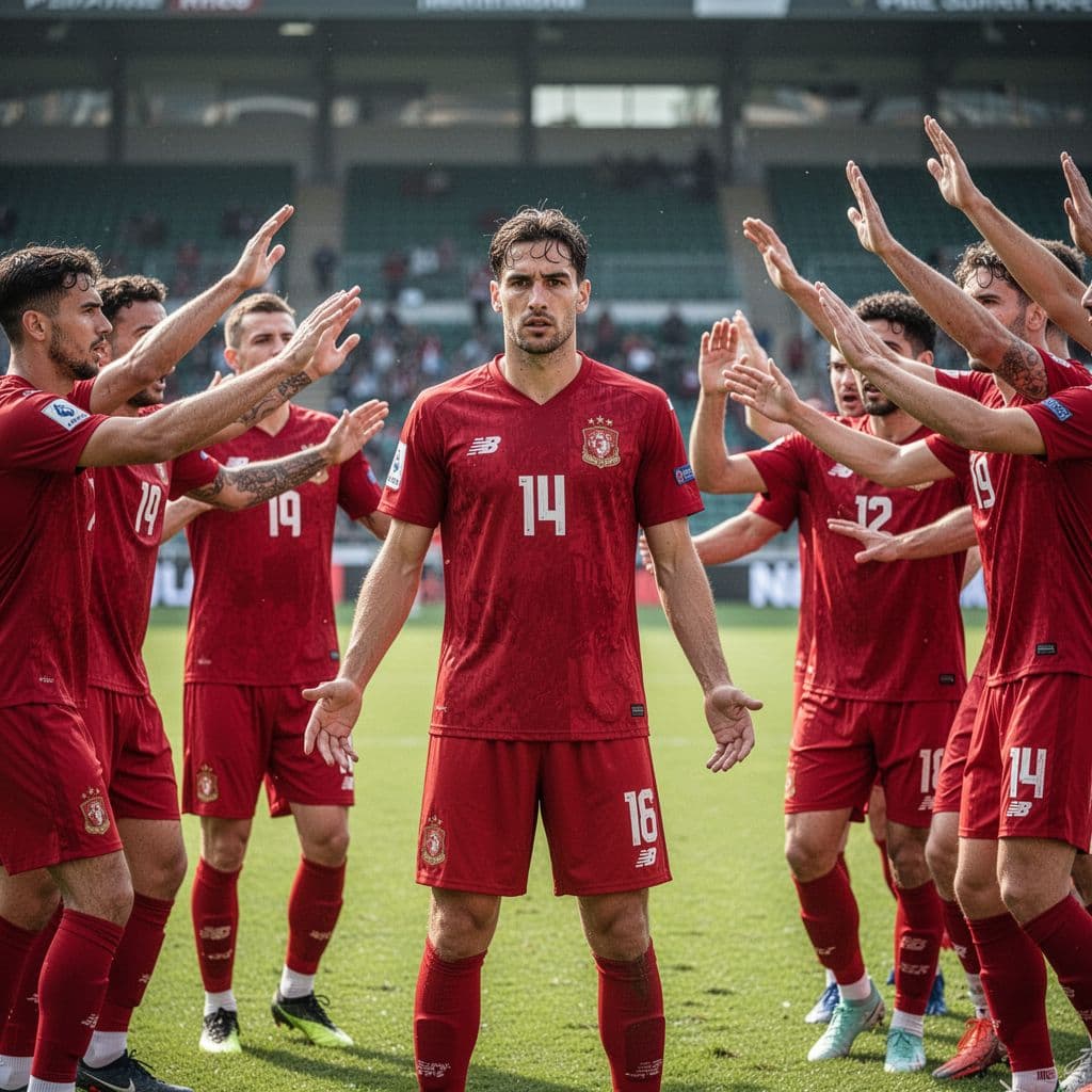 Sekelompok pemain sepak bola mengenakan jersey merah khas Spanyol merayakan kemenangan di tengah lapangan rumput stadion. Seorang pemain berdiri di posisi tengah dengan ekspresi wajah penuh optimisme dan tekad kuat.