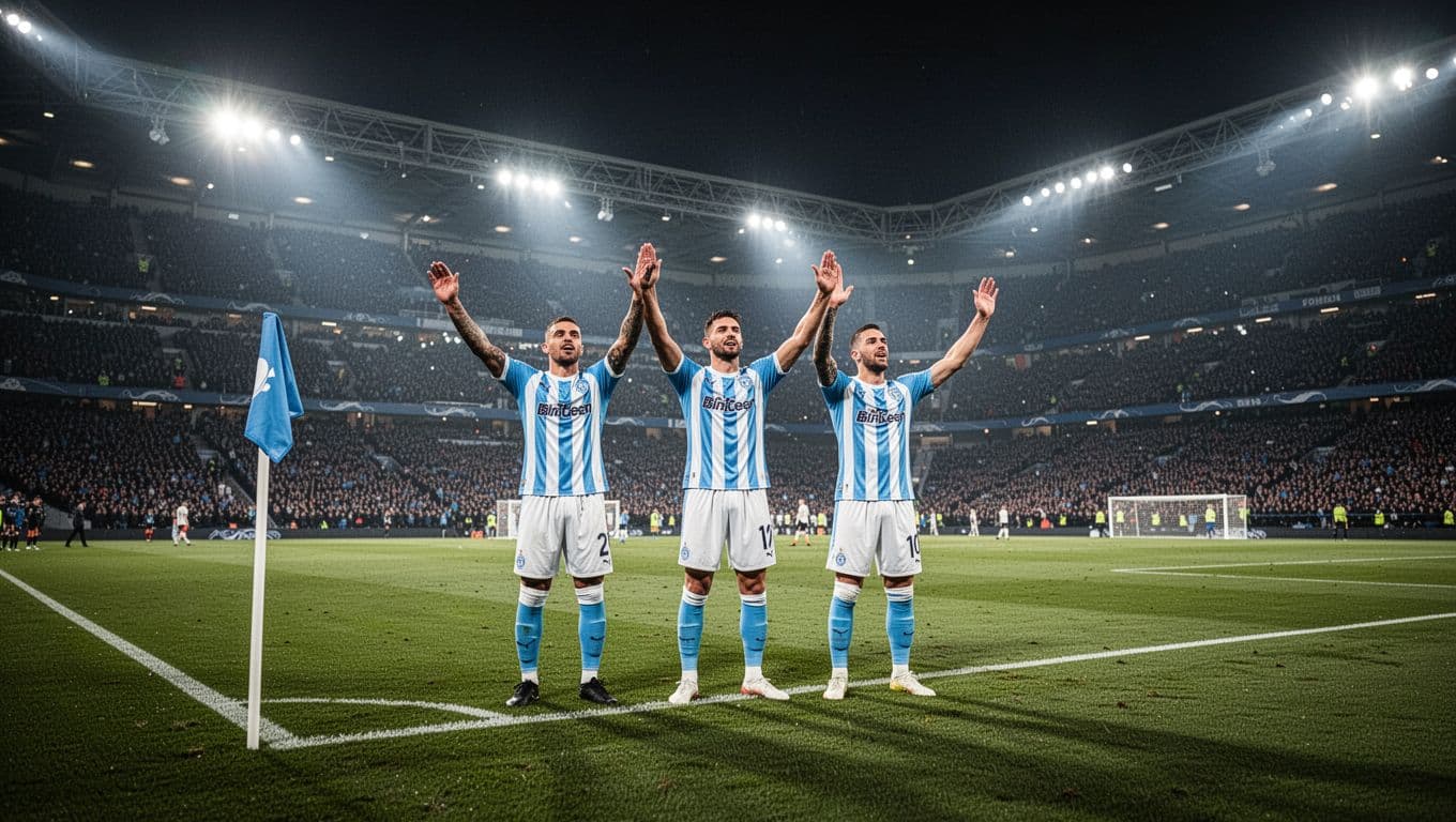 Tiga pemain sepak bola berseragam biru langit dan putih berpelukan merayakan gol di dekat tiang bendera sudut. Lampu stadion yang terang benderang menciptakan bayangan panjang di atas rumput hijau yang basah.