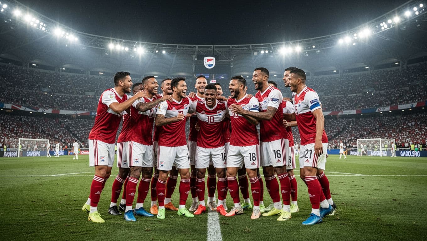 Para pemain sepak bola Paraguay berbaju merah putih berpelukan di tengah lapangan rumput stadion yang terang benderang. Wajah mereka memancarkan ekspresi kebahagiaan dan kelegaan setelah sukses melewati babak adu penalti yang dramatis.