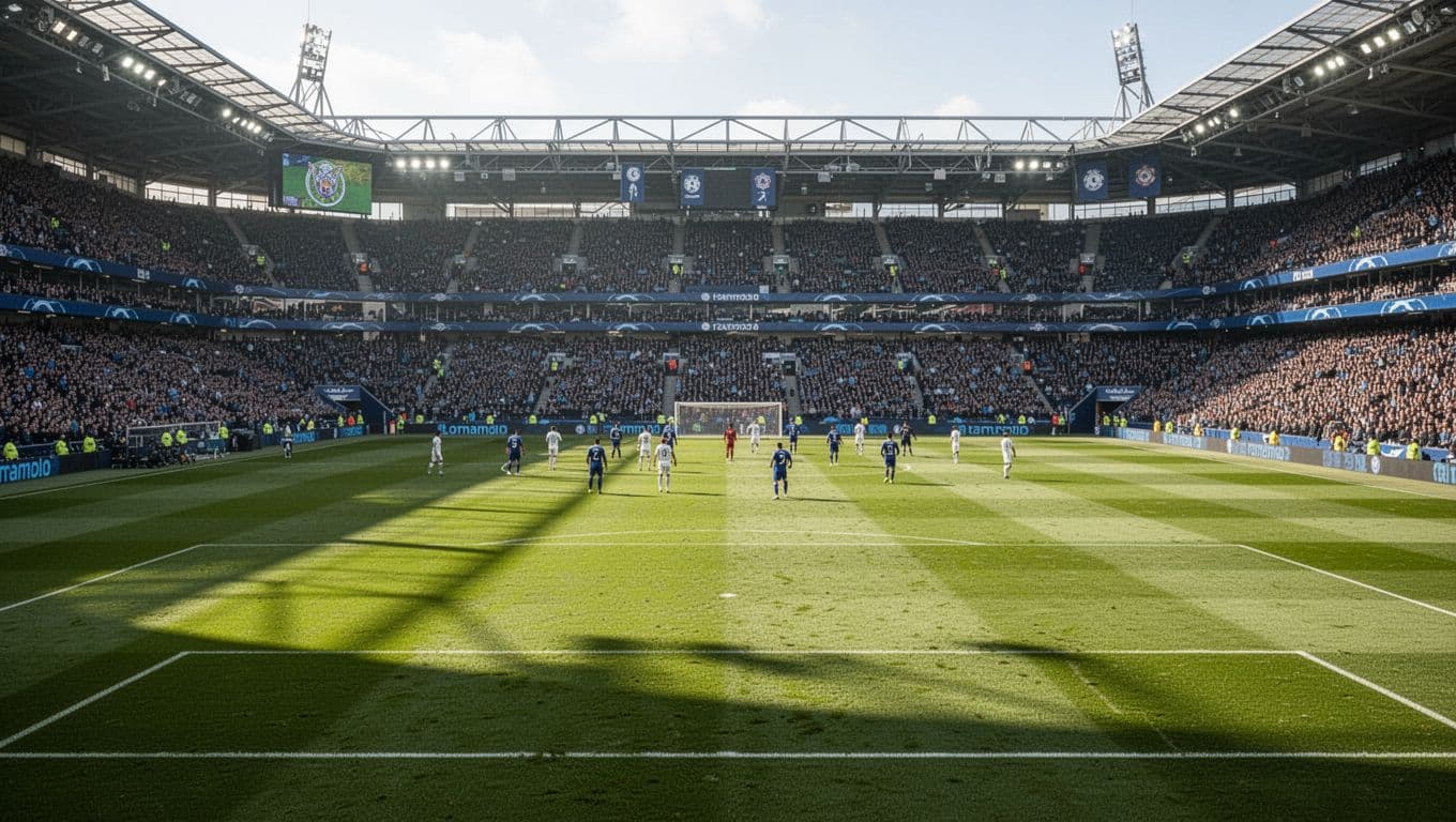 A wide view of a soccer match in progress within a crowded stadium.