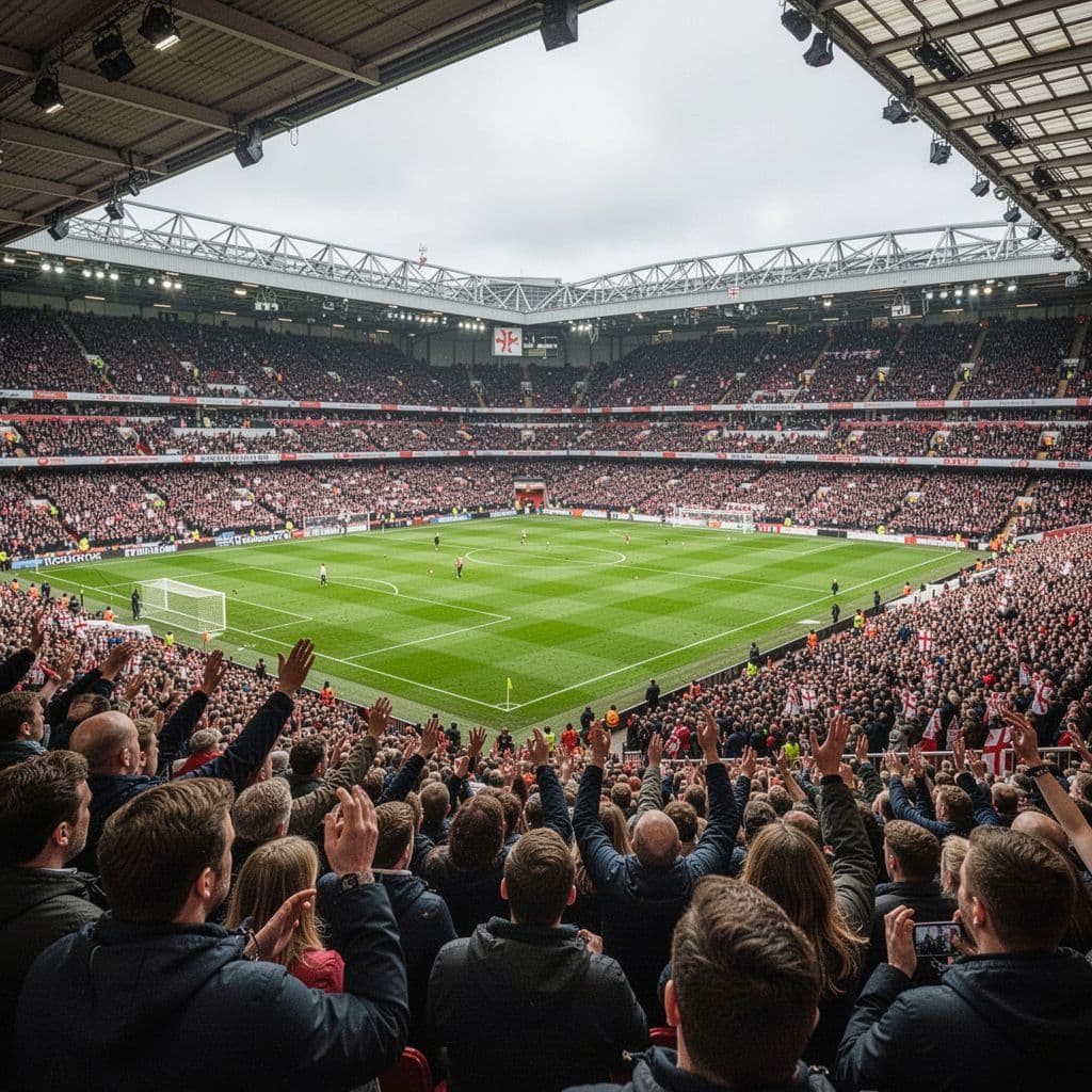 A view from the stands of a packed English football stadium on an overcast day.