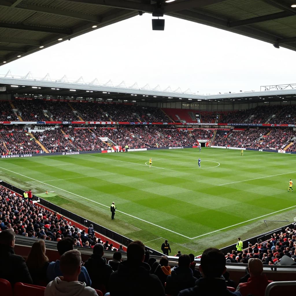 A wide view of a crowded football stadium during a professional match with a player on the pitch.