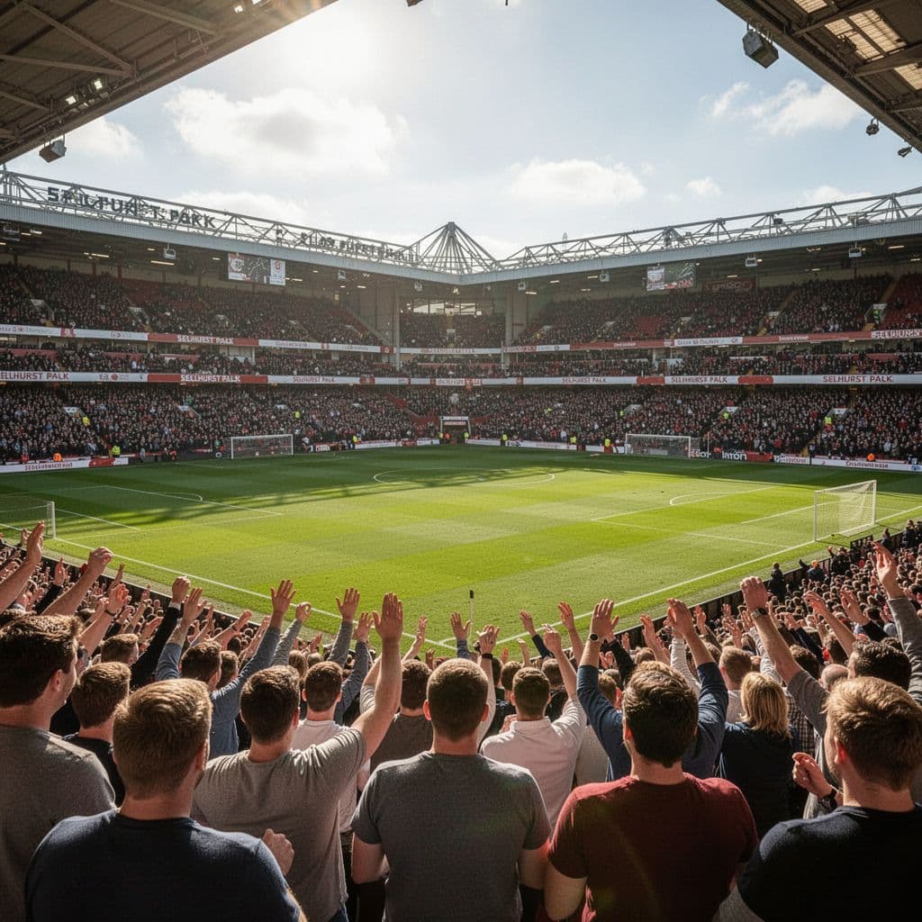 A wide angle view of an English football stadium featuring a green pitch and crowded stands.