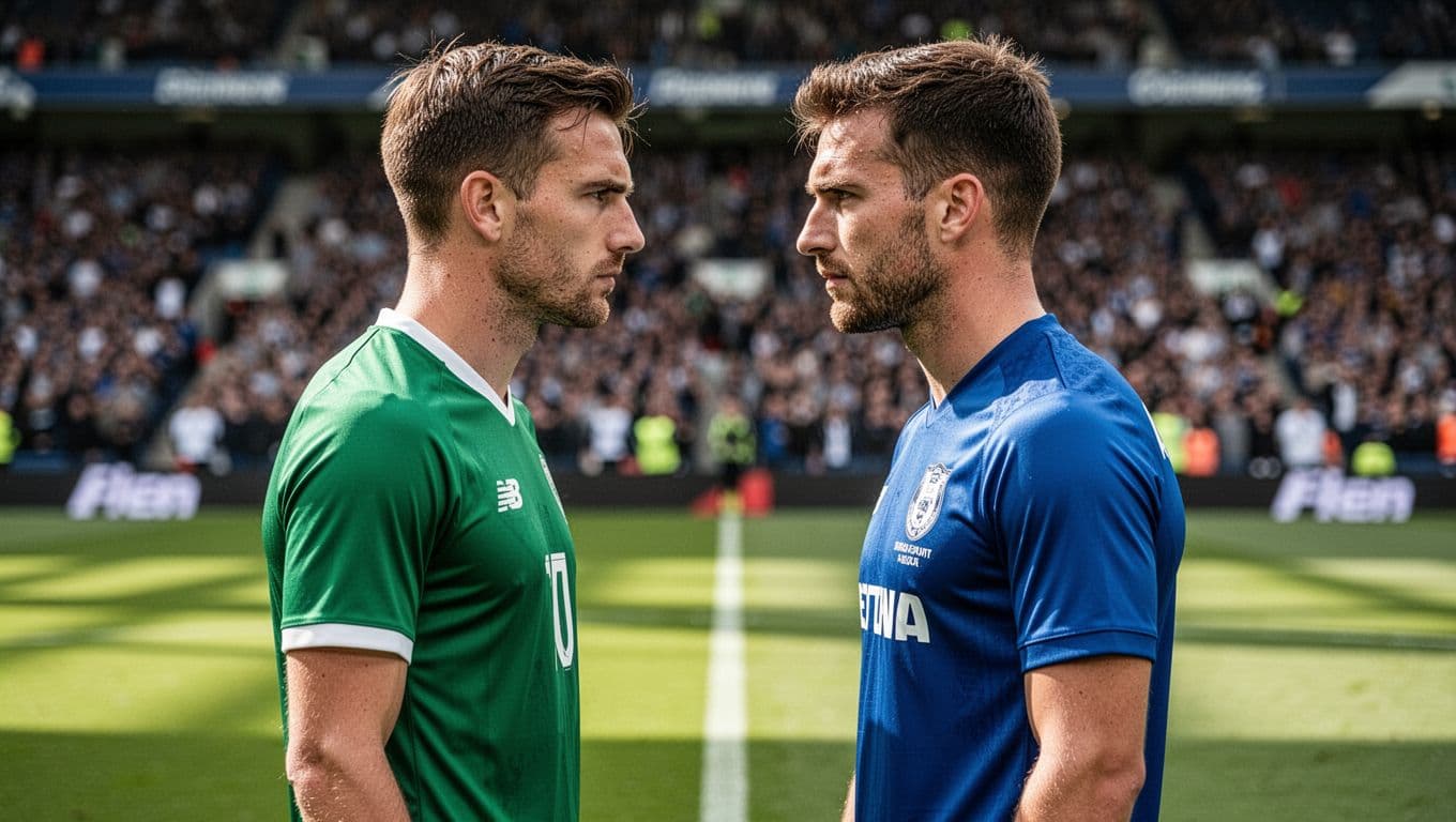 Semen Padang captain in green jersey faces Persebaya Surabaya captain in blue on stadium field, blurred crowd background.