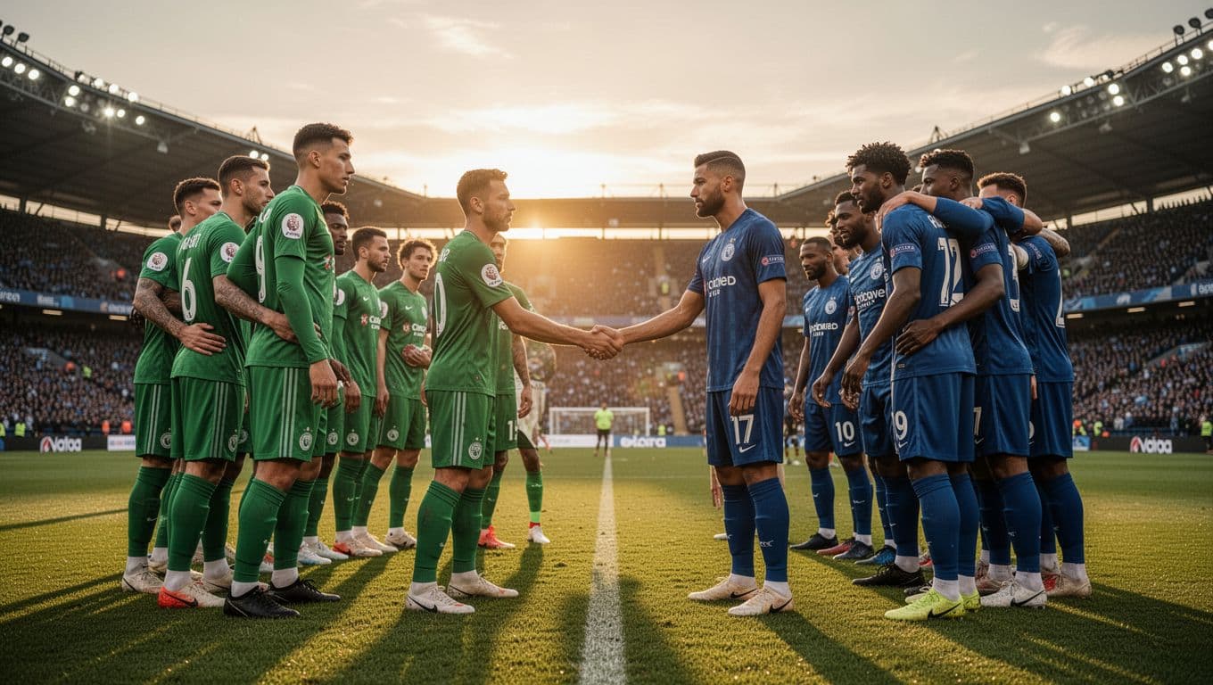 Semen Padang in green jerseys huddles on stadium field at sunset; Persebaya in blue warms up nearby, captains shake hands.