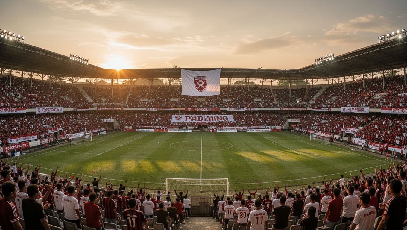 Semen Padang supporters pack the stands in Padang stadium at dusk, empty green field below.