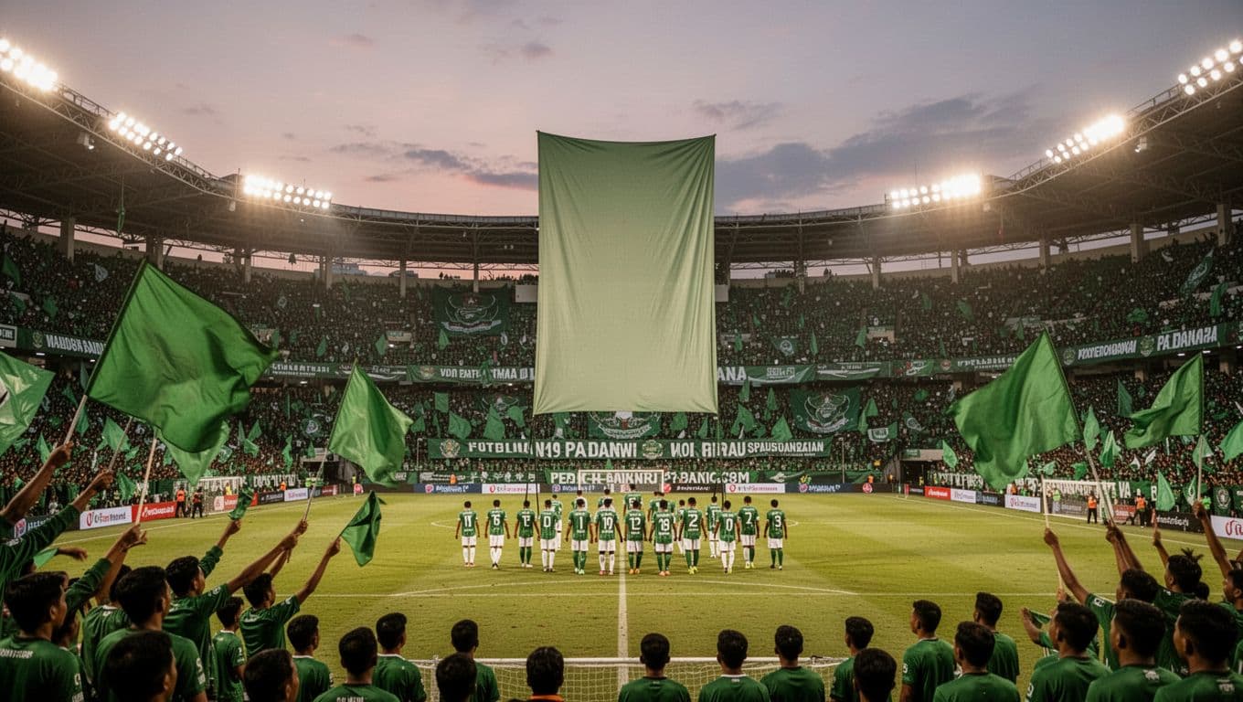 Packed stands with Semen Padang fans waving green flags as home players enter the field under evening lights.