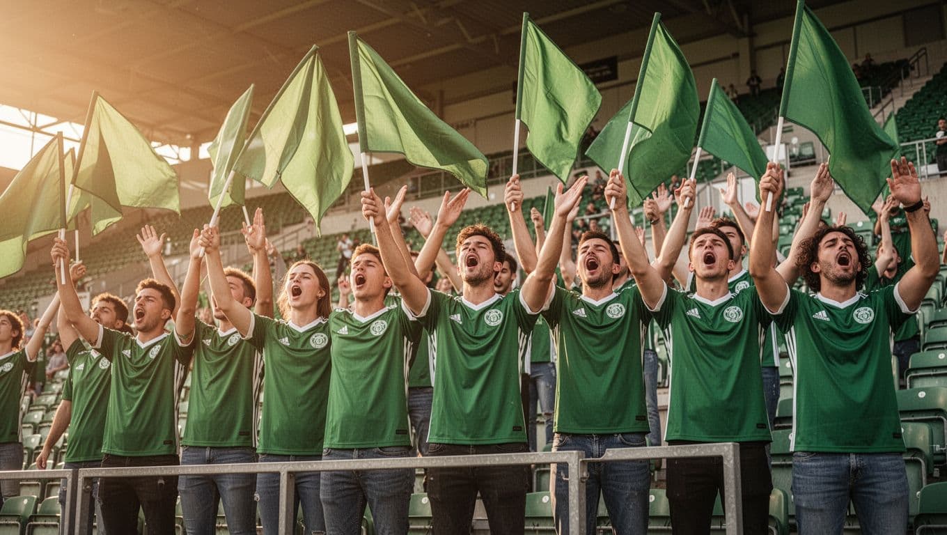 10-15 fans in green jerseys sing together holding club flags in Stadion Haji Agus Salim stands.