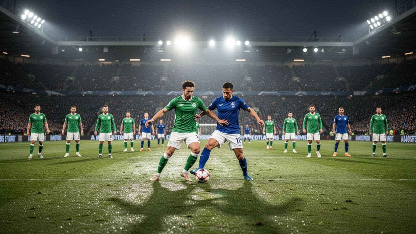 Semen Padang green jerseys clash with Persebaya Surabaya blue jerseys in midfield at evening Stadion Haji Agus Salim match, scoreboard shows 1-1.