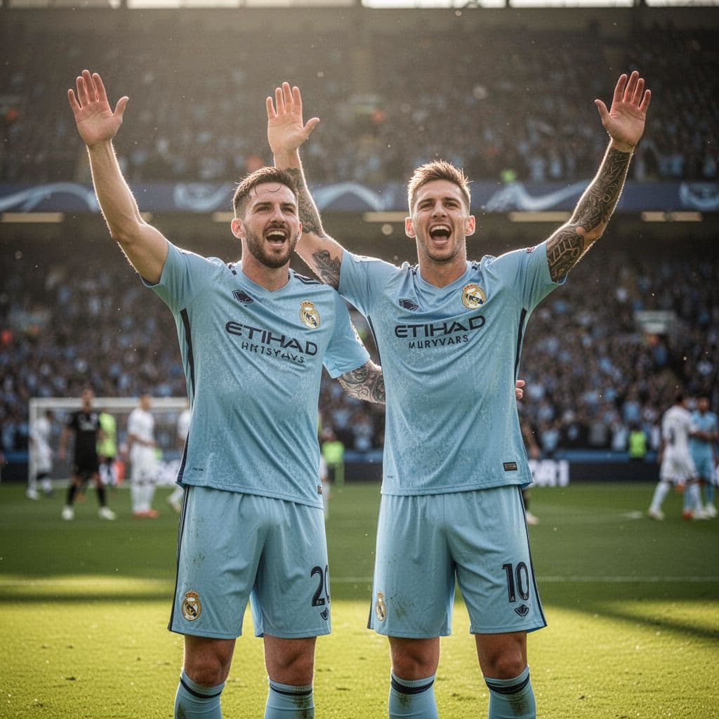 Two soccer players in light blue uniforms cheer with arms raised on green pitch at sunlit stadium.