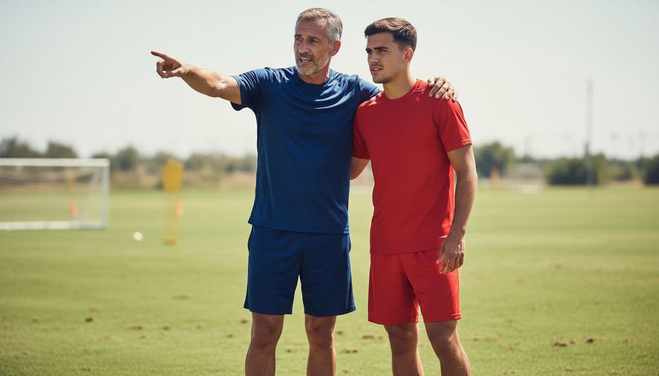 An experienced football player provides guidance to a younger teammate on a grassy field.