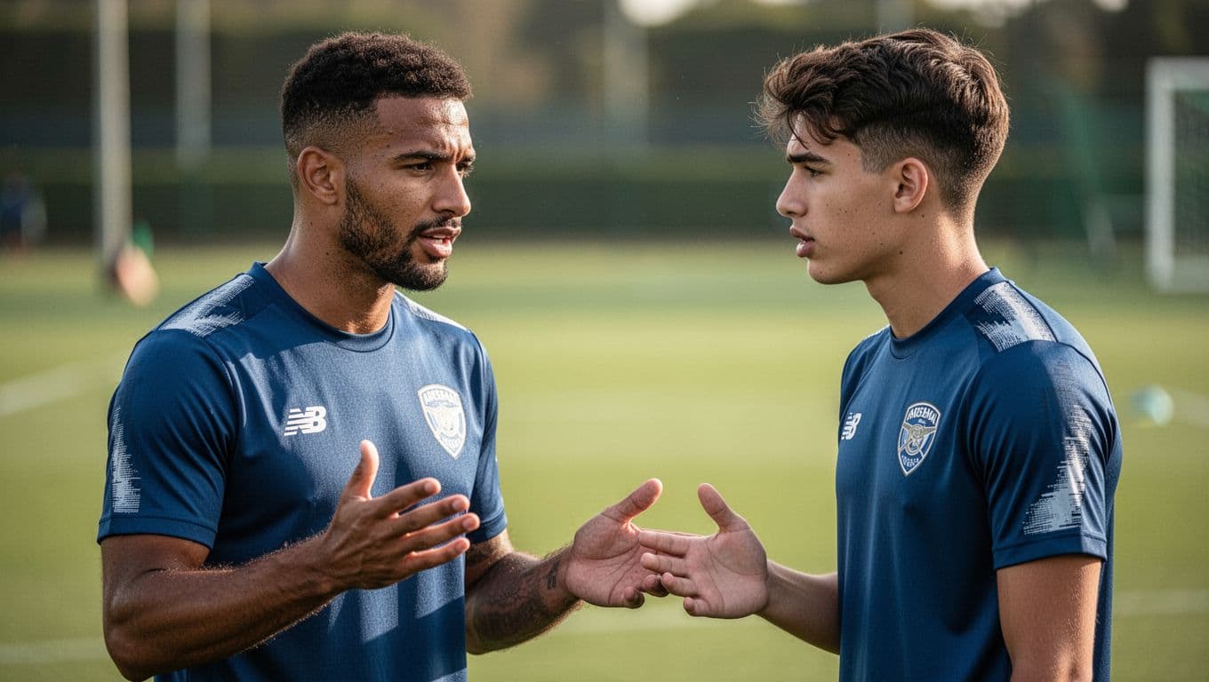 An experienced football player gives guidance and advice to a younger athlete on a training field.
