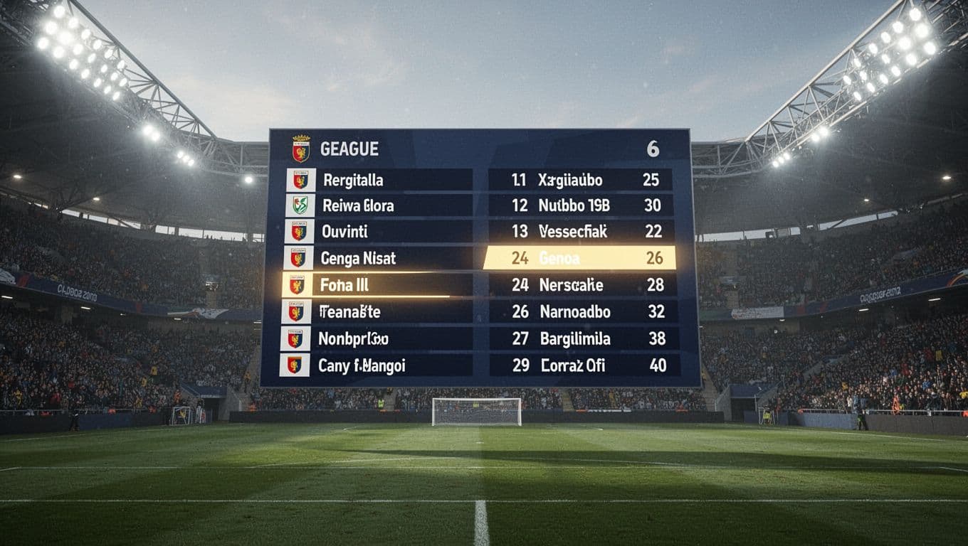 Stadium LED scoreboard shows Serie A 2026 mid-table standings highlighting Genoa CFC in 14th with 40 points.