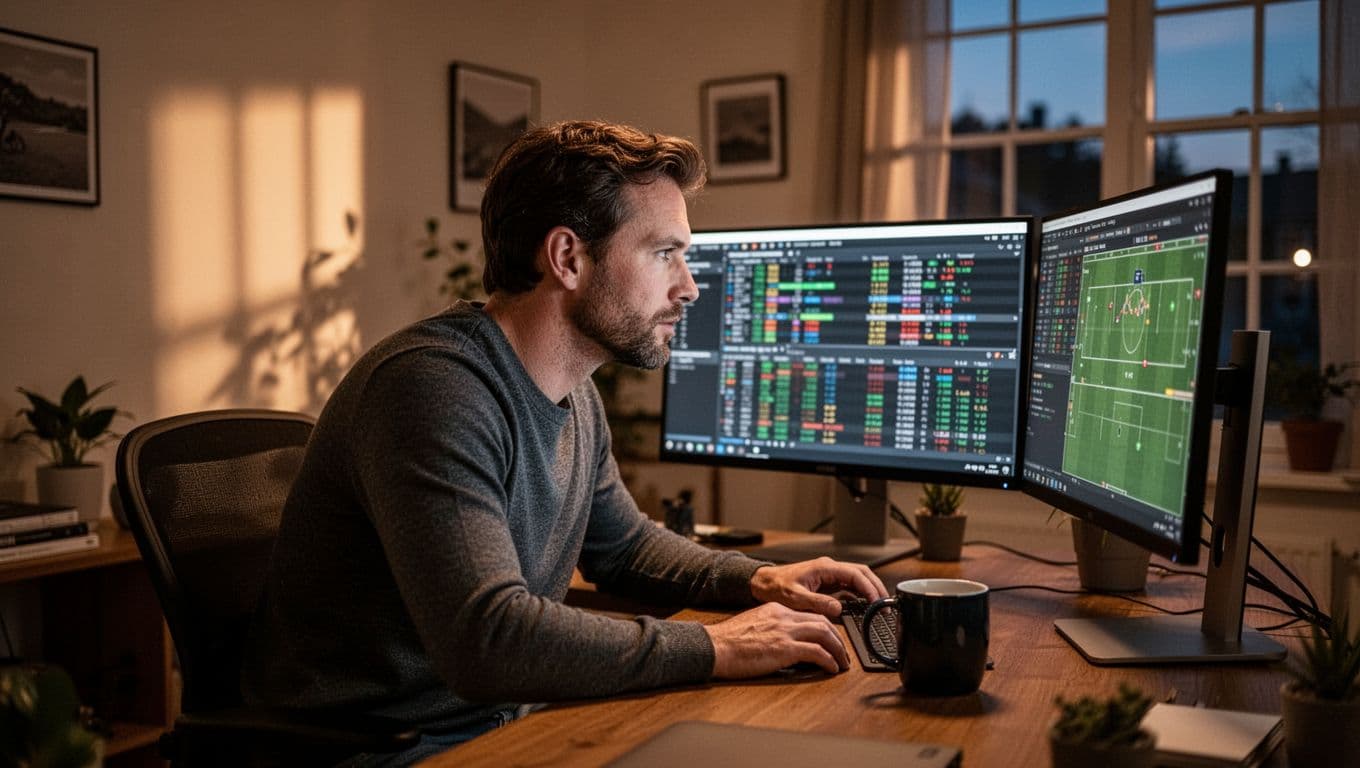 Focused Serie A analyst in home office views Cremonese standings, fixtures, and player charts on dual screens, coffee mug nearby, evening light through window.