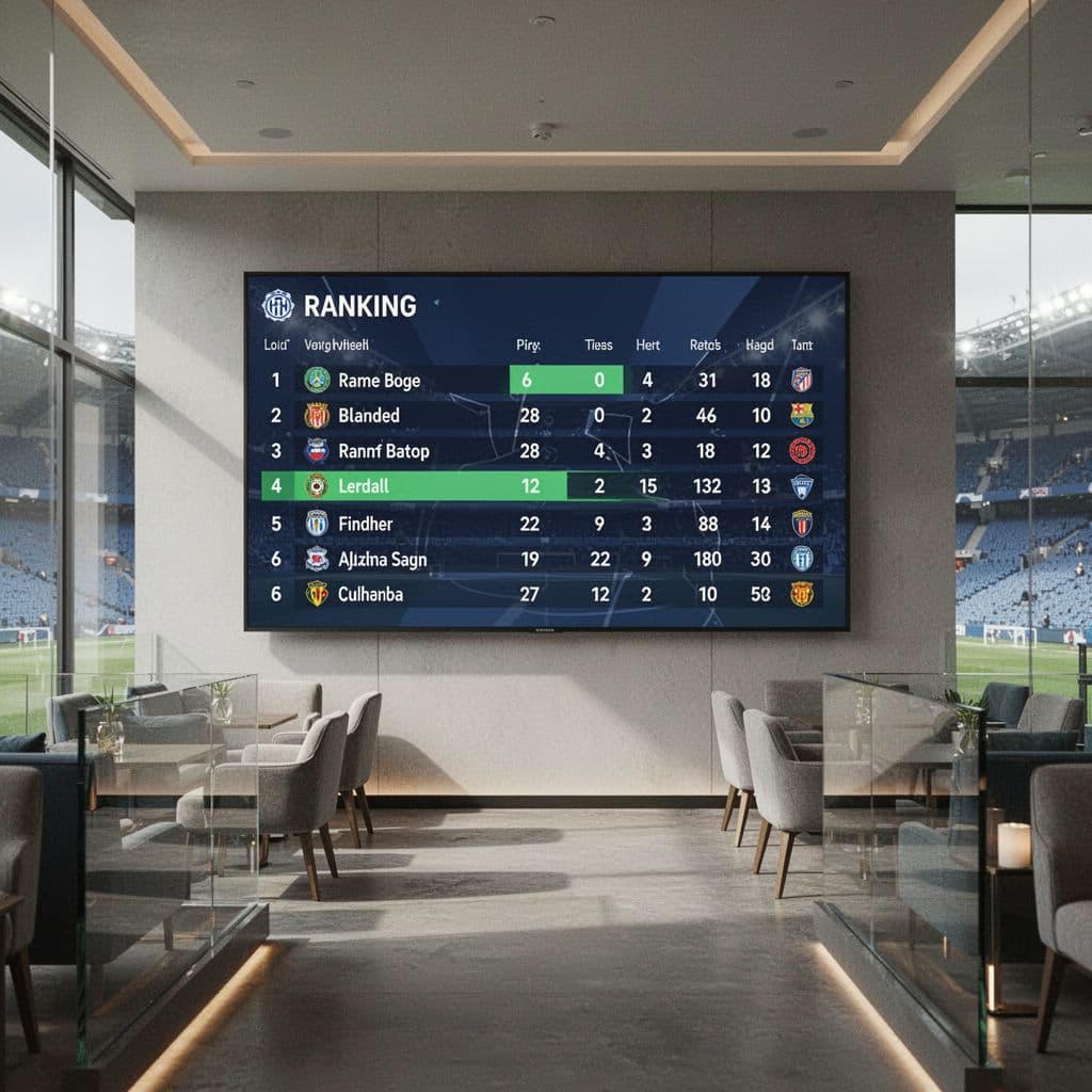 A digital league table shows a soccer team leading with a large point gap in a stadium lounge.