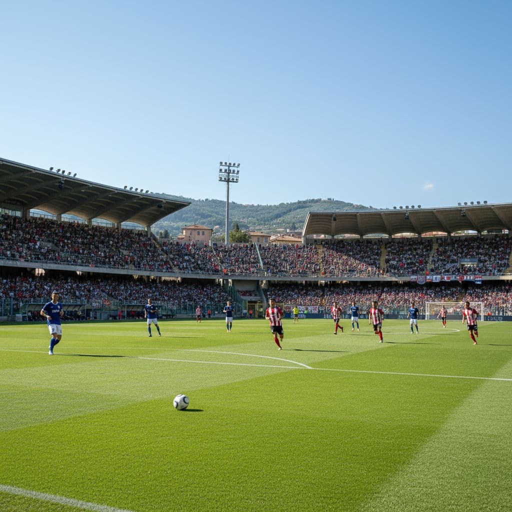Two football teams compete on a grass pitch inside a sunlit Italian stadium filled with spectators.