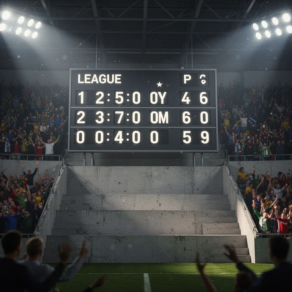 Modern soccer stadium scoreboard displays league rankings amid blurred background crowd.