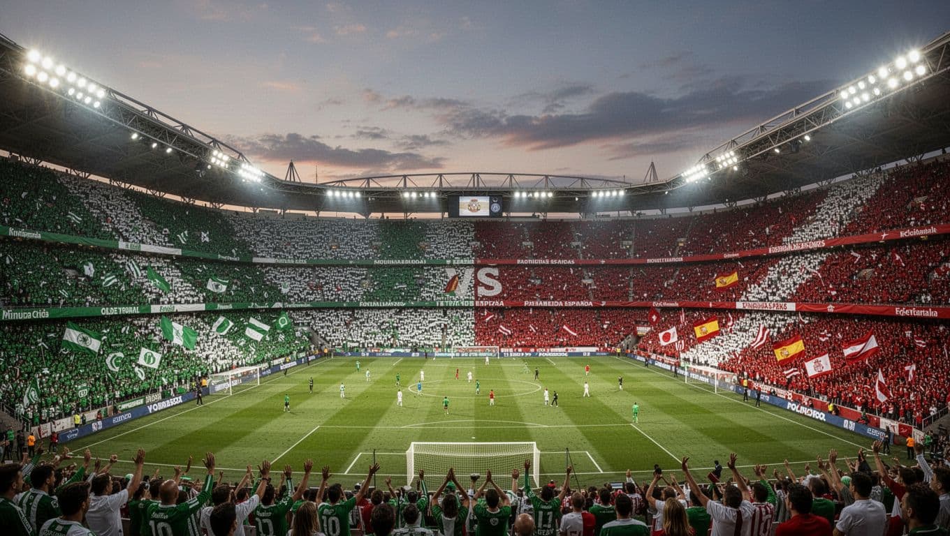 A grand stadium features opposing fan sections in green-white and red-white colors under dramatic afternoon lighting.