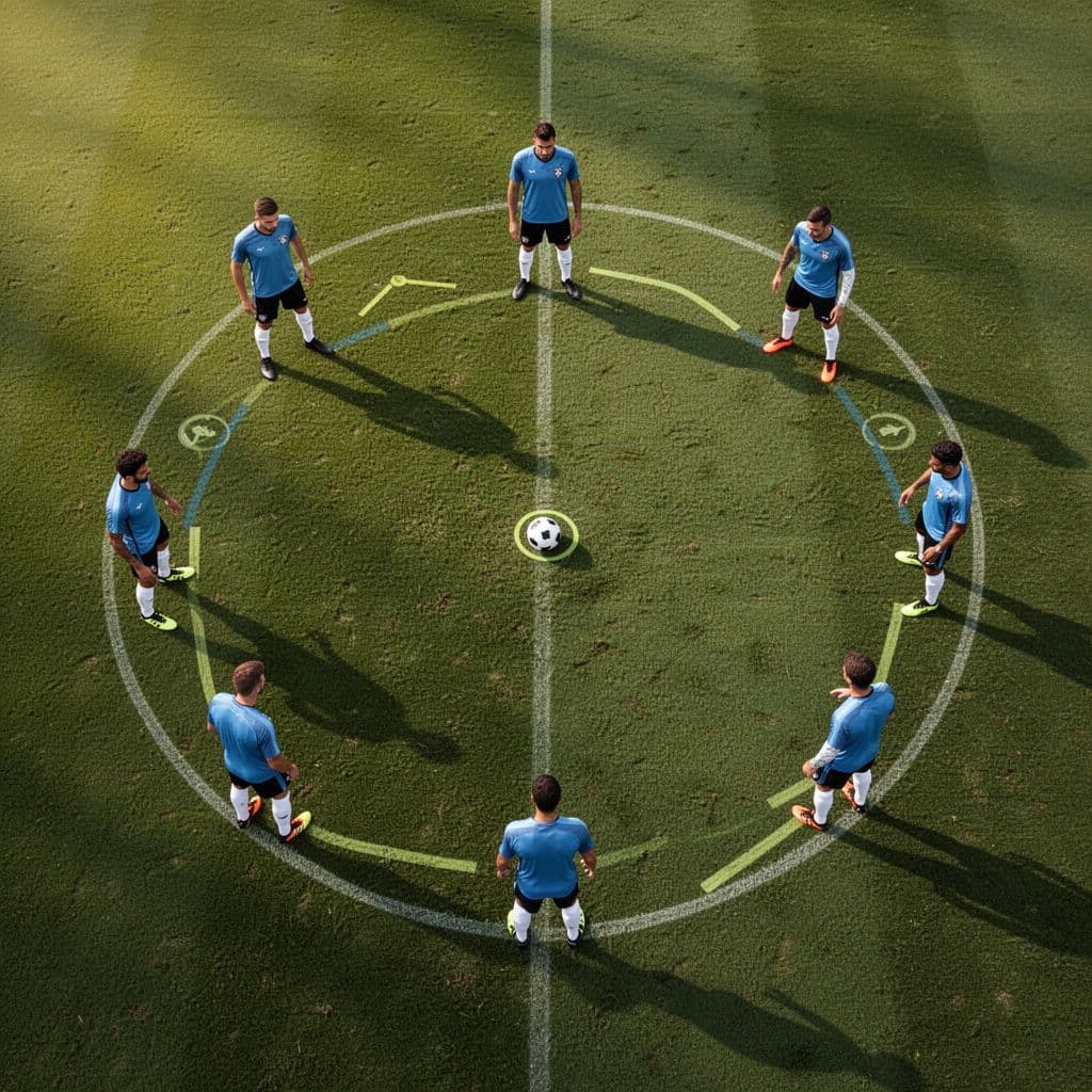 Top-down view of football pitch with players in training formation and one ball.