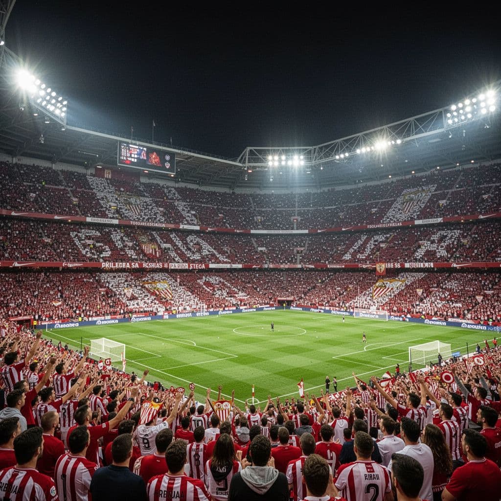 Wide view from corner stands of crowded Sevilla FC stadium under bright night lights.