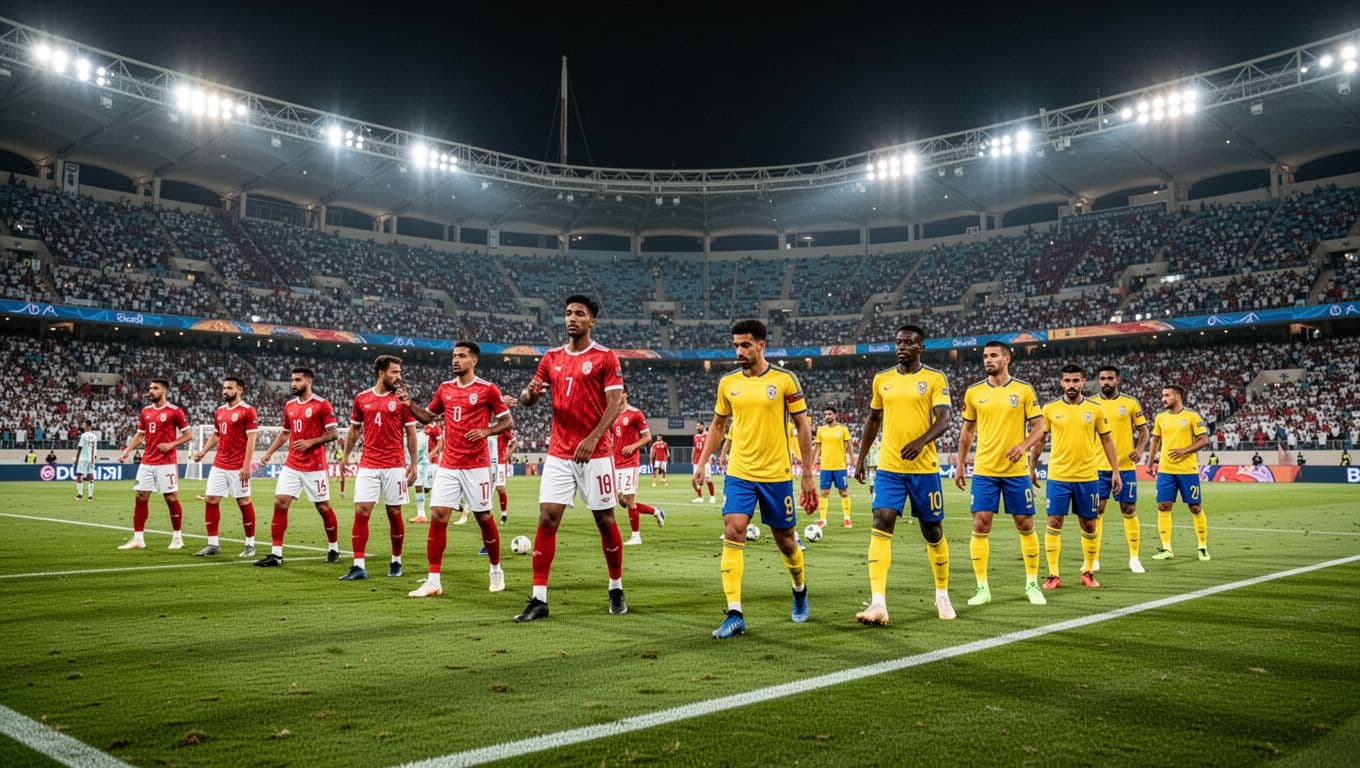Packed Dubai stadium at night shows Shabab Al Ahli in red-white kits and Al Nasr in yellow-blue warming up on green pitch.